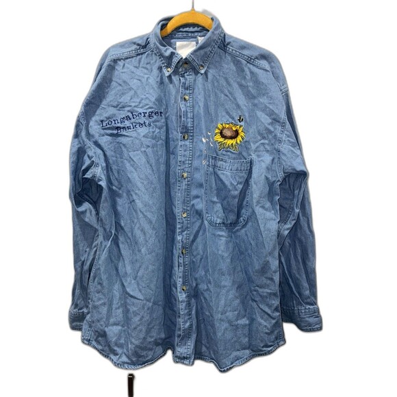 Longaberger Baskets Sunflower Bee Embroidered Denim Shirt XL Vintage 100% Cotton - Picture 1 of 8